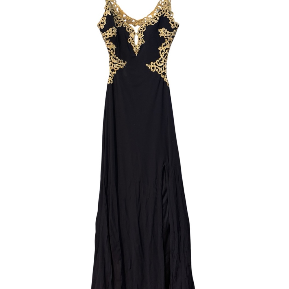 Macy's Black and Gold Sleeveless V-Neck Maxi Gown